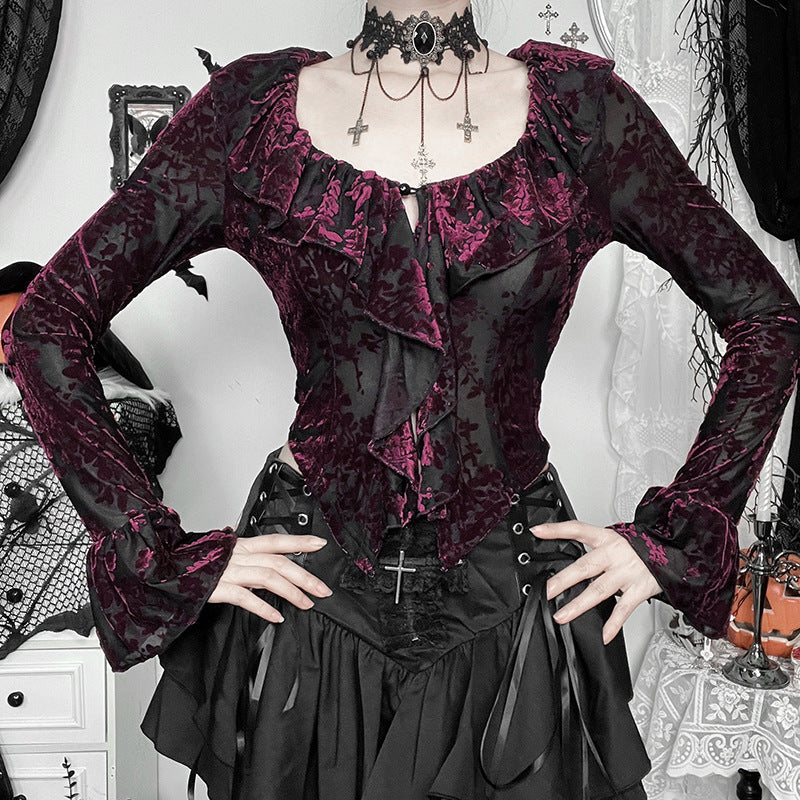 v neck Black Purple Gothic Blouse Womens