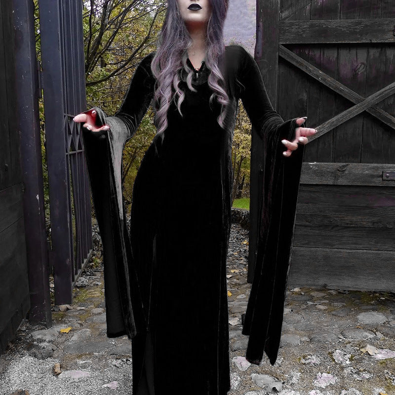 velour Long Sleeved Black Goth Dress