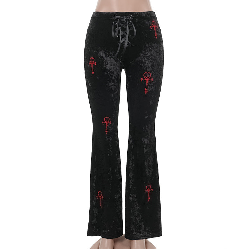 black velvet Ankh Egyptian Symbol Pants for Women