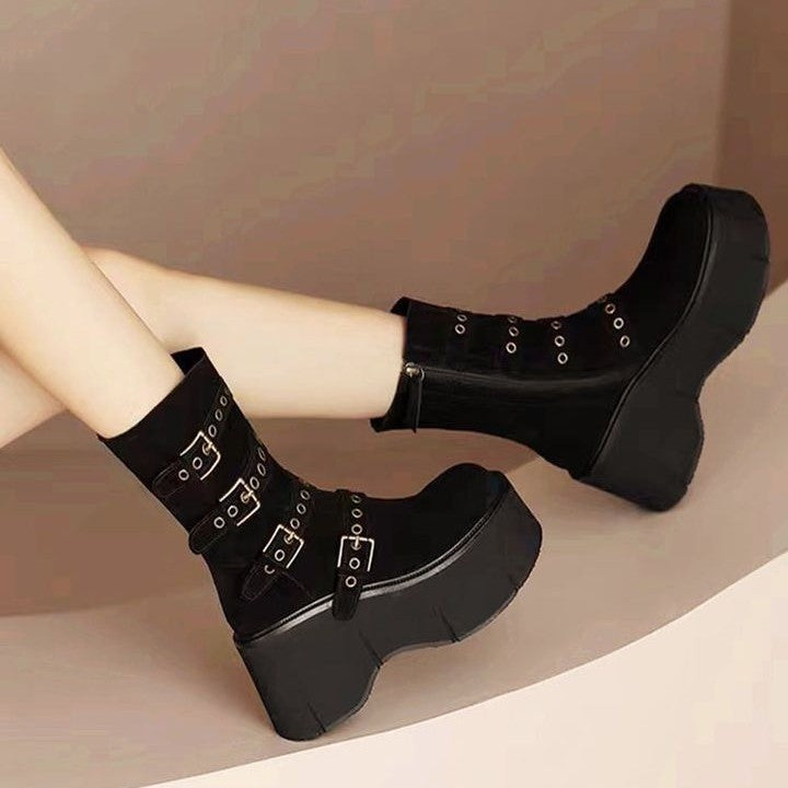 Black Suede Gothic Wedge Boots Womens