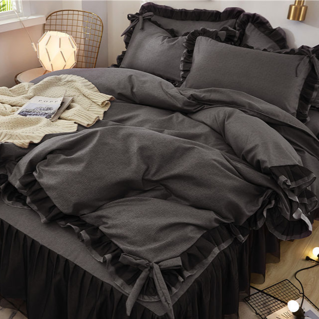 retrovintage Gothic Bedspread Set with Ruffles gray