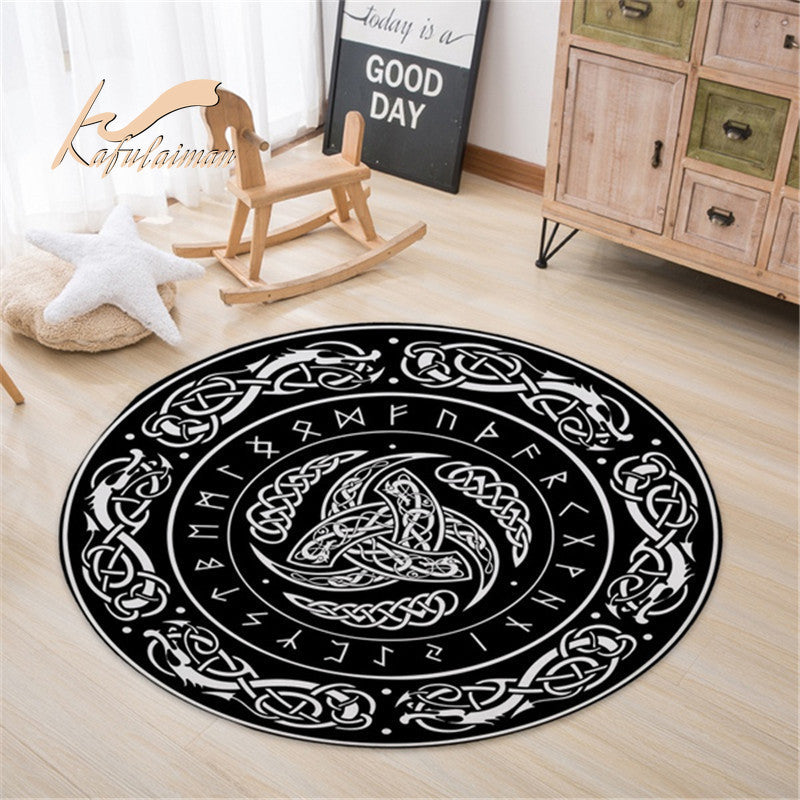 viking letter Round Black Occult Rug