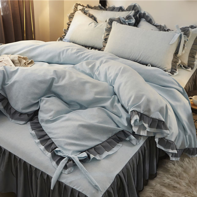 vintage blue Gothic Bedspread Set with Ruffles quilt cover pillowcase set