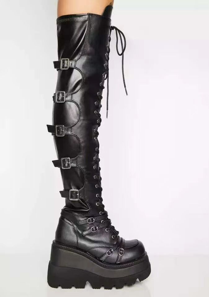 wedges Thigh High Lace Up Boots Womens