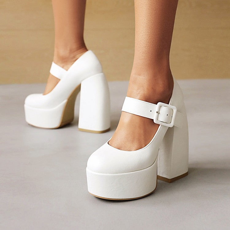 Chunky Black Leather Thick Platform Heels white