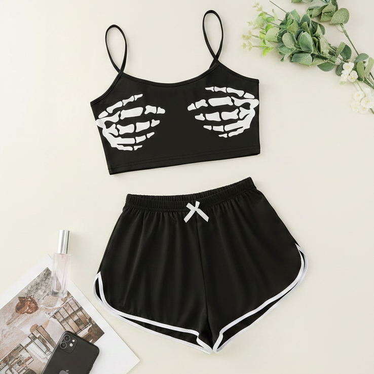 Skeleton Hands Top Pajama and Shorts Set Black
