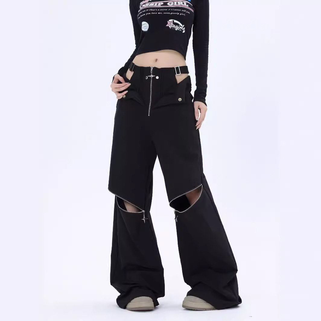wide Black Ripped Trousers for Women