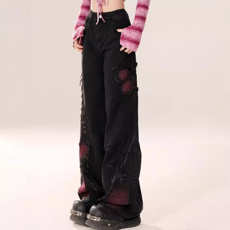 wide Red-Black Alternative Jeans for Women punk