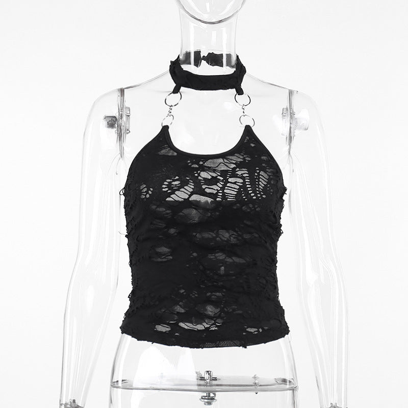 punk goth Black Ripped Halter Top Womens