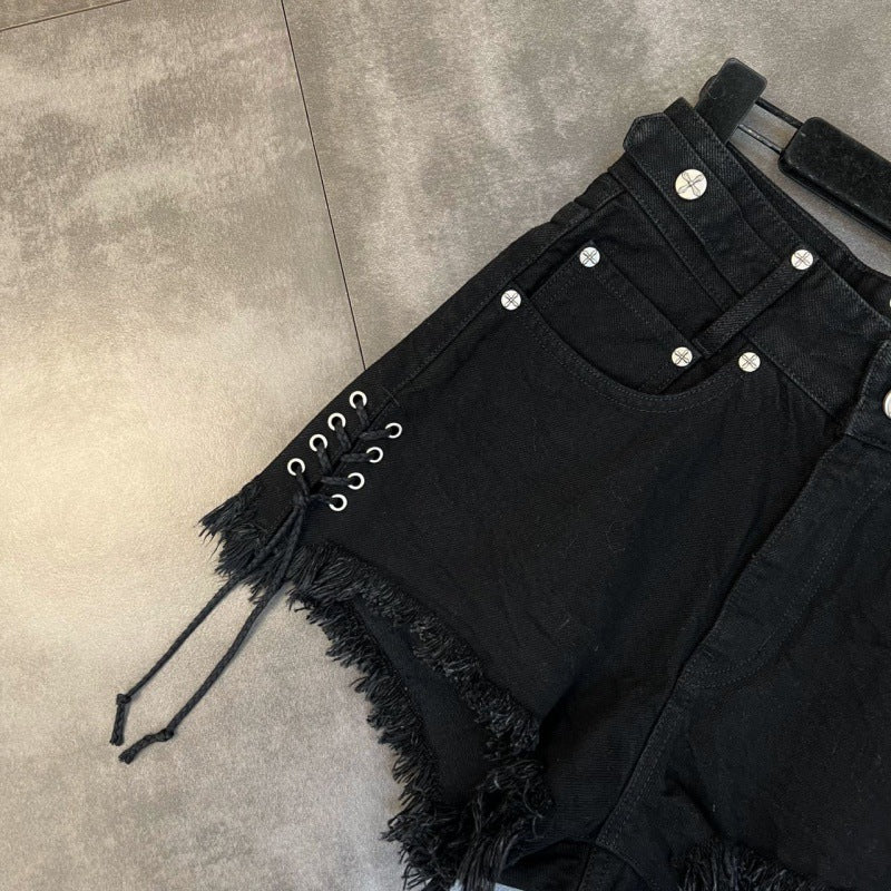 witchy Lace Up Black Denim Shorts for Women