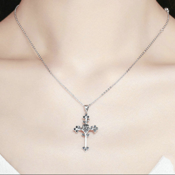 womens S925 Silver Gothic Rose Cross Necklace