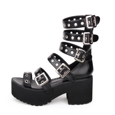 punk Black Buckle Straps Sandals