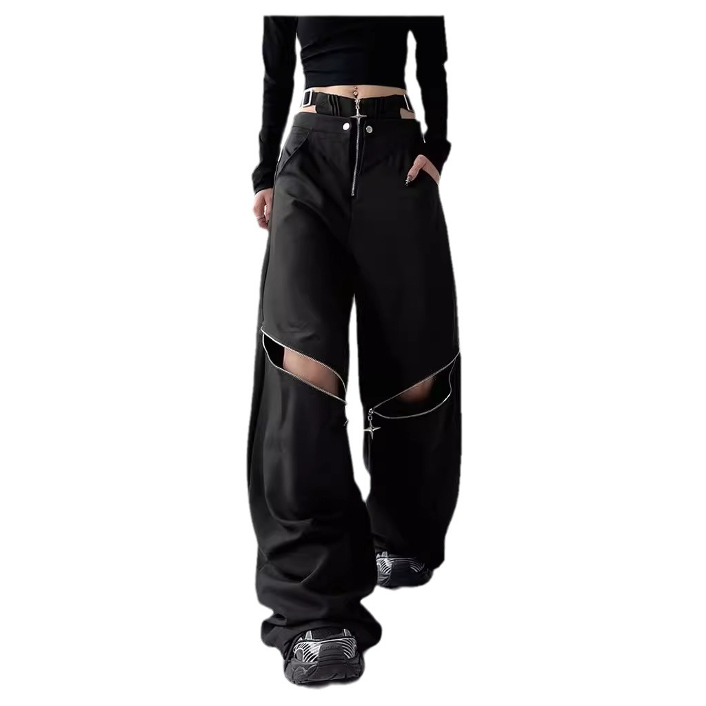 zipper cuts knees Black Ripped Trousers for Women