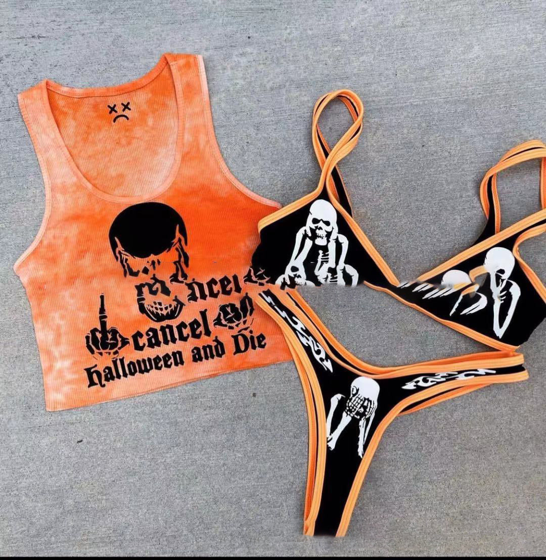 Orange-Black Neon Gothic Skeleton Bikini Set