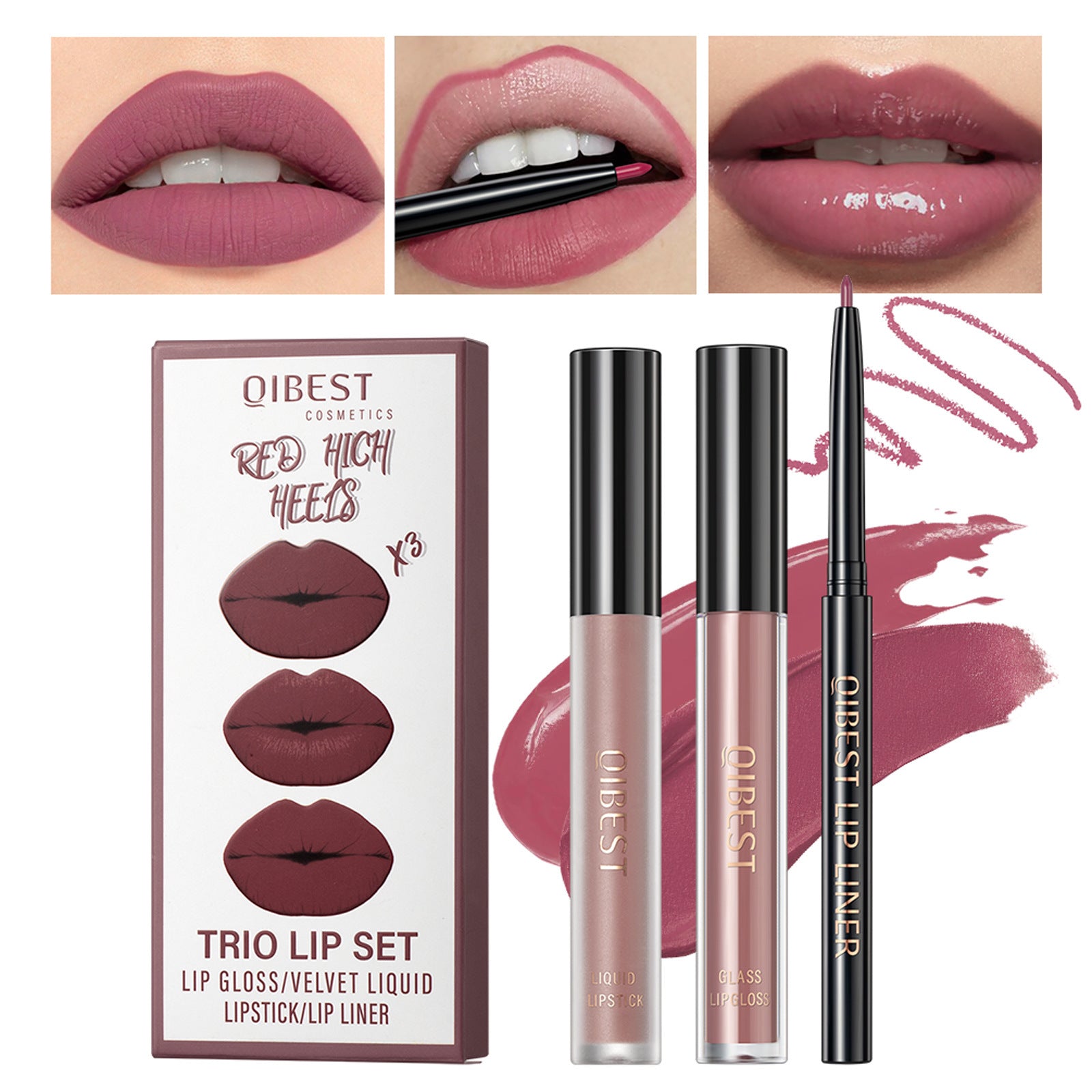 3 IN 1 Gothic Brown Lip Set Lipstick Lip Gloss and Lip Liner