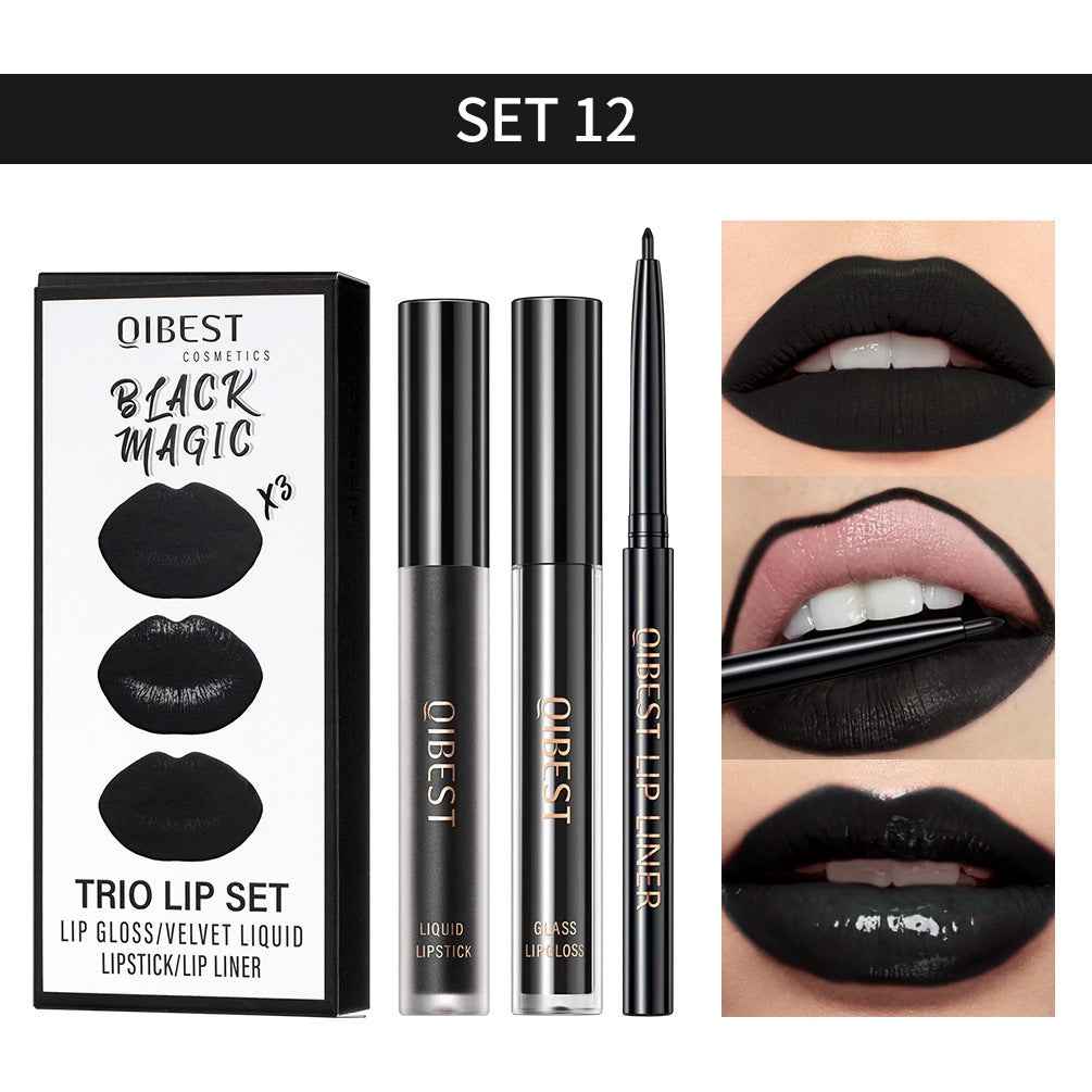3 IN 1 Gothic Lip Set Black Lipstick Lip Gloss and Lip Liner