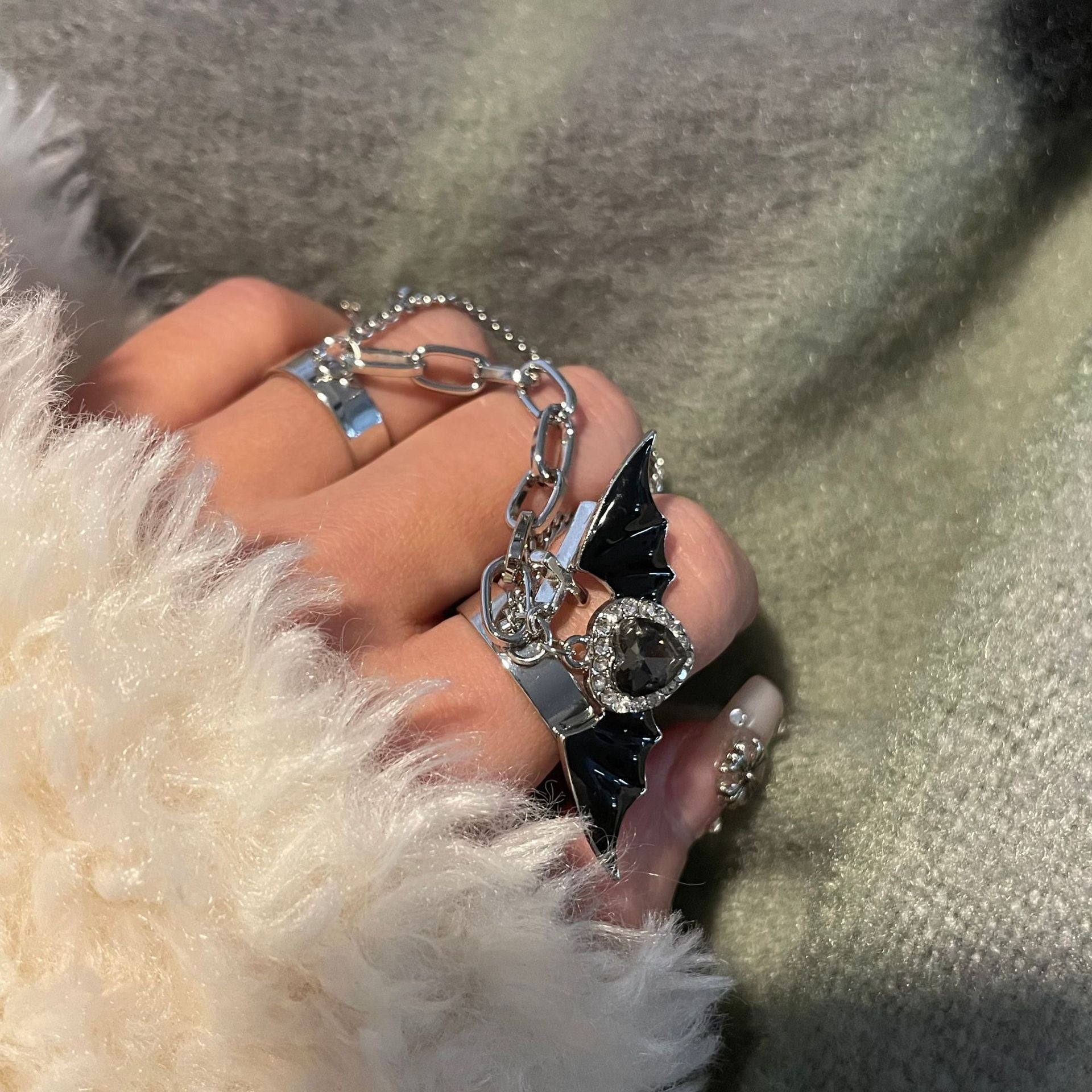 Gothic Hand Jewelry Rings Chain Set Heart Bat