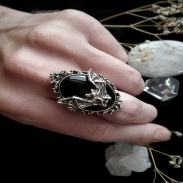 Black Bat Ring Gemstone Pendant Ring