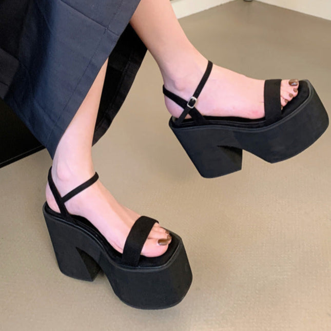 Black Chunky Peep Toe Sandals High Heel Platform 4 Inches