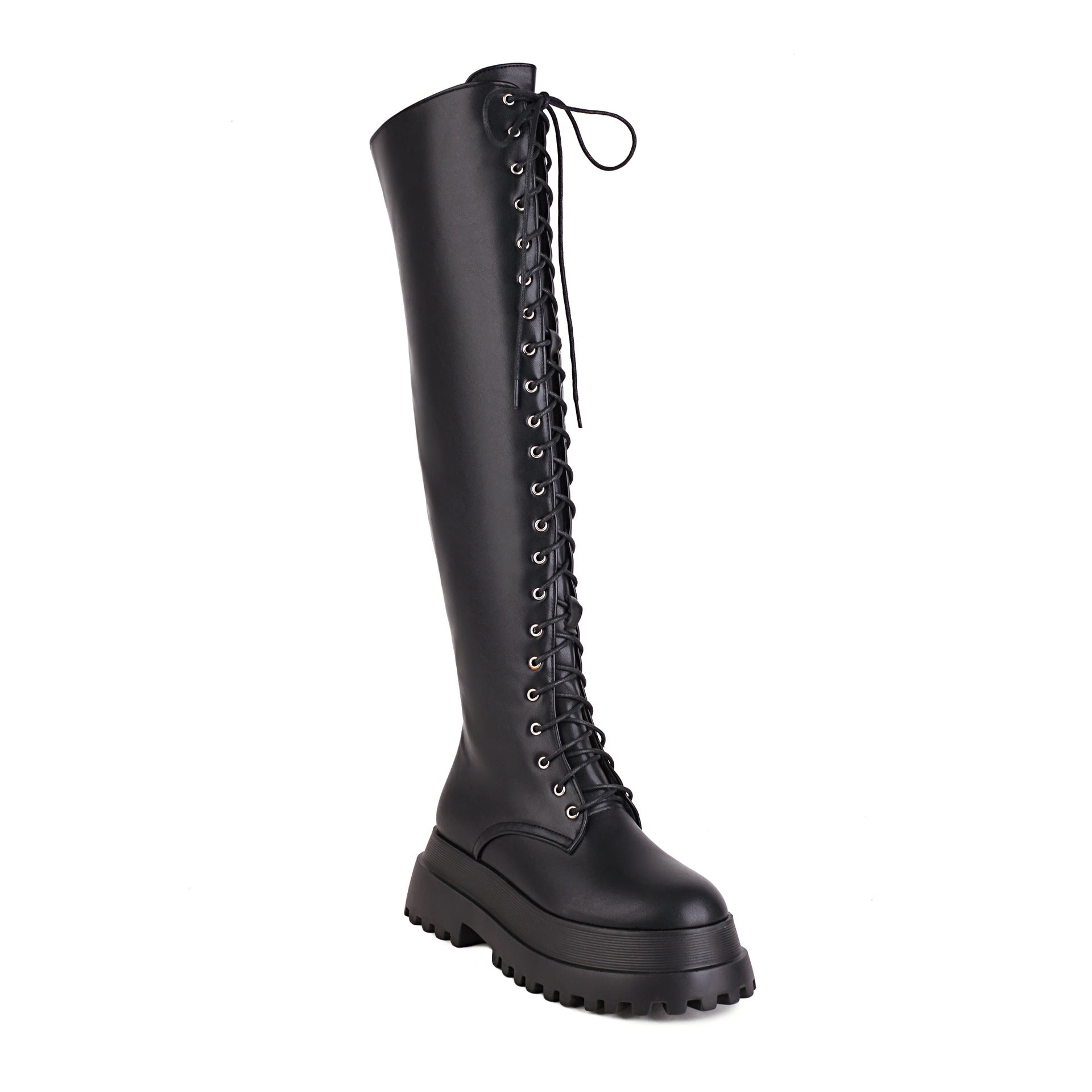 Black Knee High Combat Boots Womens