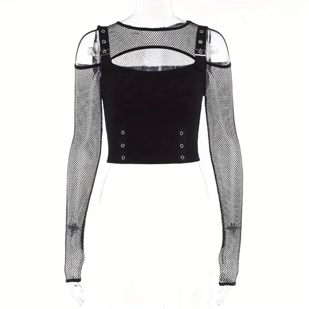 Black Crop Top with Fishnet Sleeve