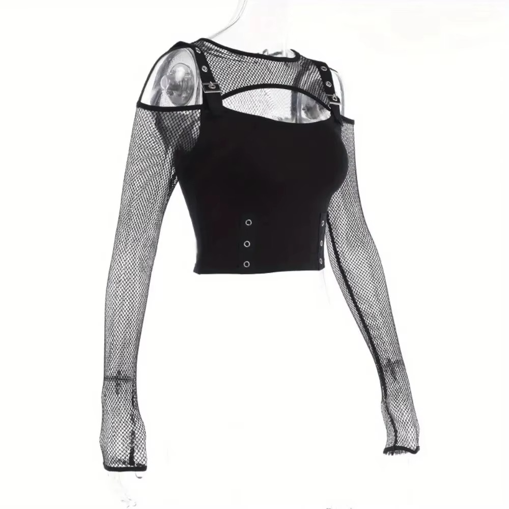 Black Crop Top with Fishnet Sleeves