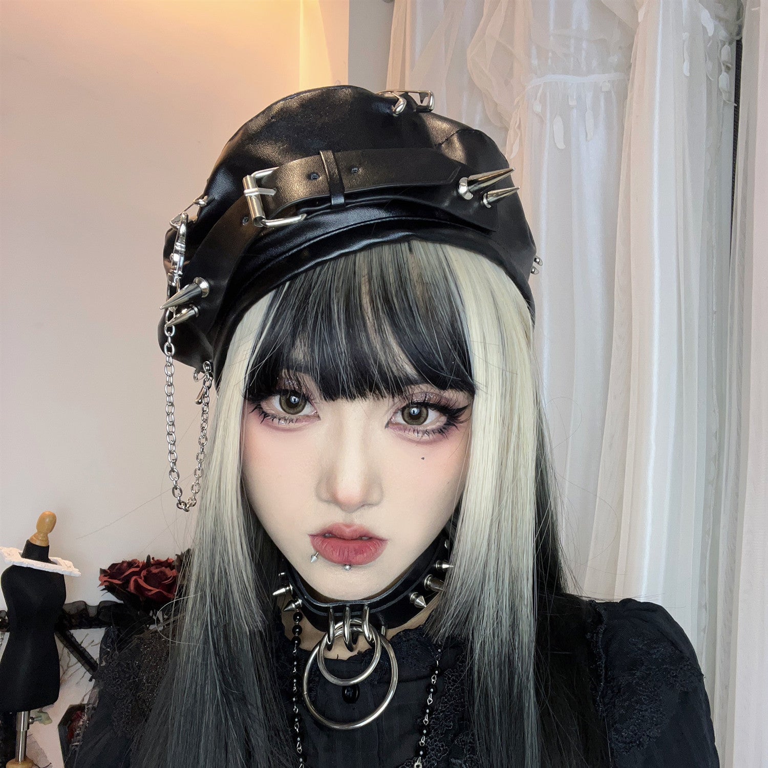 Black Goth Beret Vegan Leather Buckle