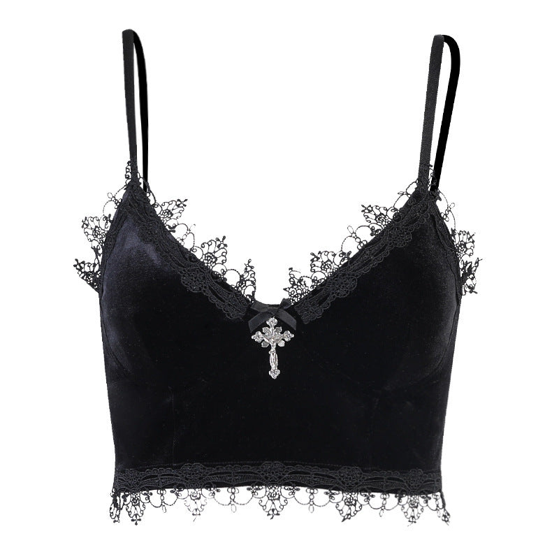 Black Goth Crop Top - Velvet with Cross