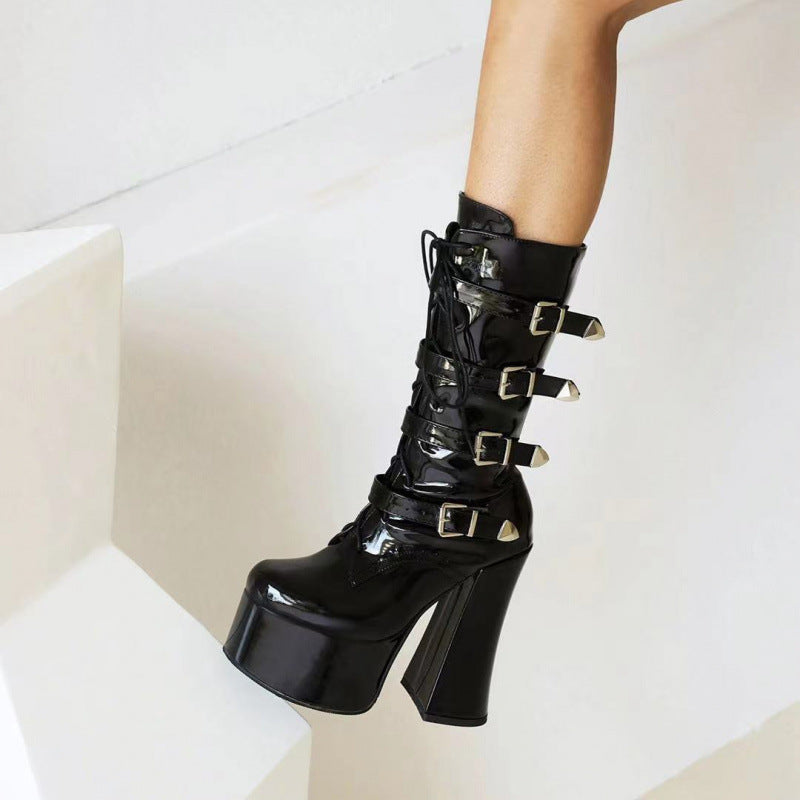 Black Goth Platform Boots Womens Heels Buckles