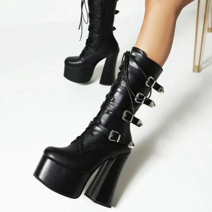 Black Goth Platform Boots Womens Heels Buckles