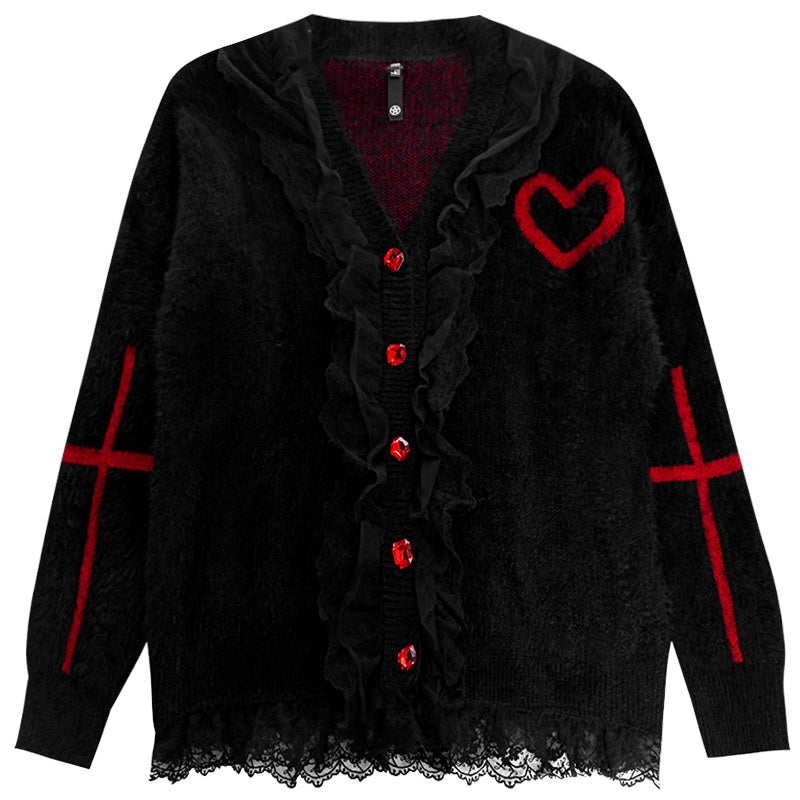 Black Goth sweater Cardigan with Red Cross alt