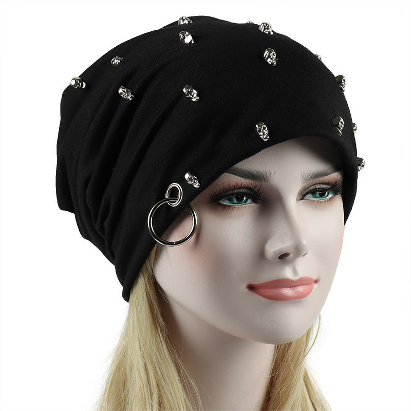Black Goth Beanie with Skulls