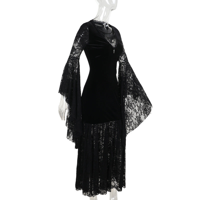 maxi Black Gothic Dress Lace Sleeves