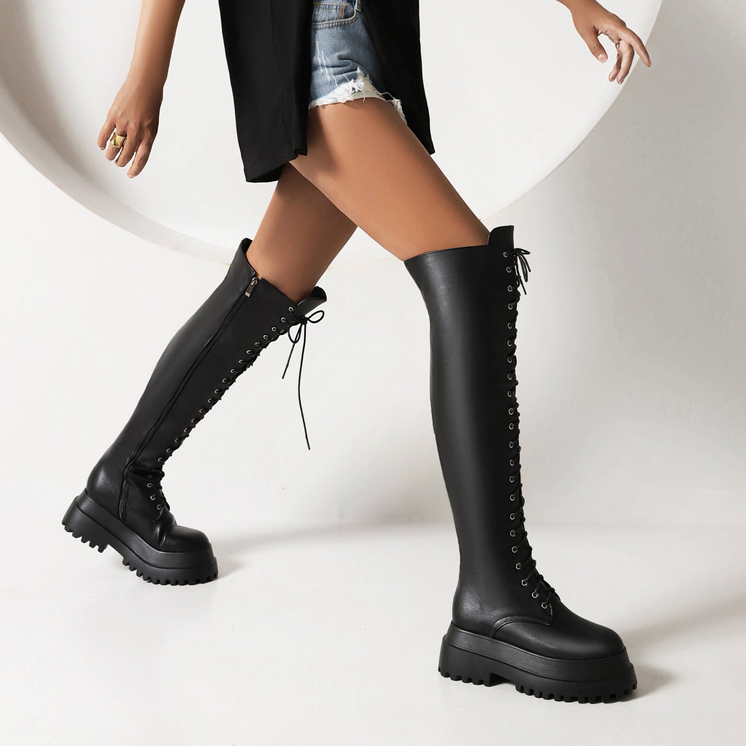 Black Knee High Combat Boots Womens alt