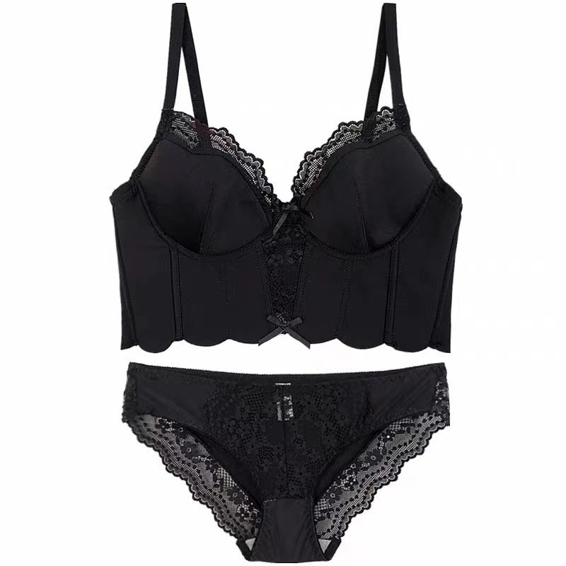 Black Lace Steel Bone Bra Corset Set