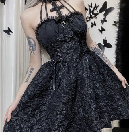 Black Mini Goth Dress with Cross Neck