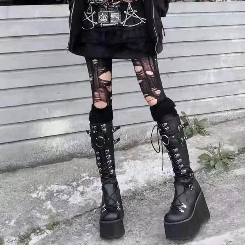 Black Punk O-Ring Platform Boots Knee High