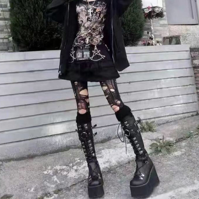 Black Punk O-Ring Platform Boots Knee High