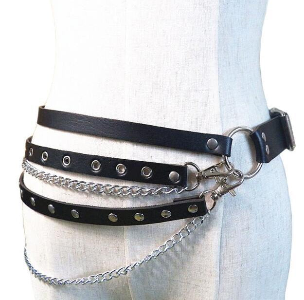 Black Strap Belt with Chains Gothic Womens