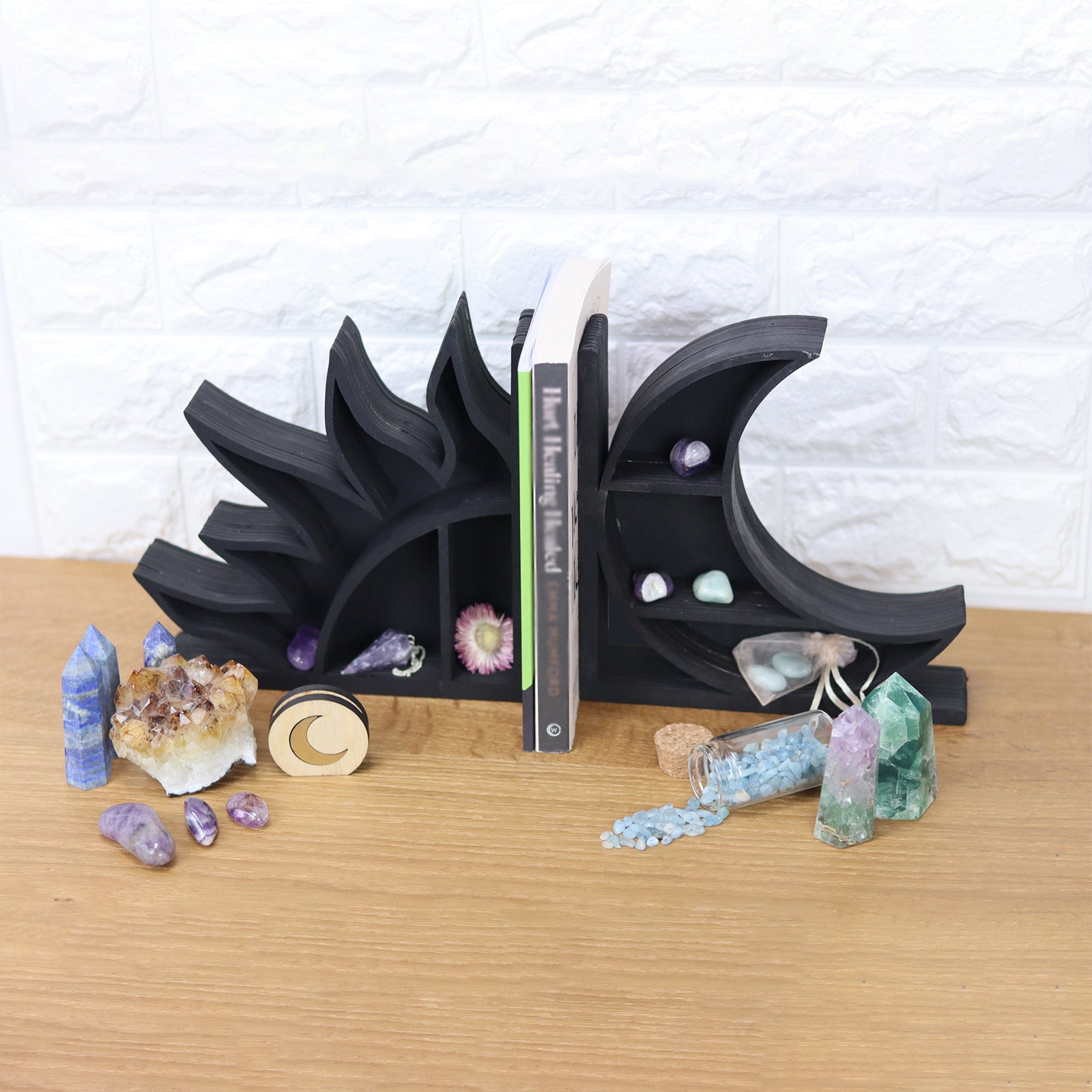 Black Sun and Moon Book Stand Crystal Display set