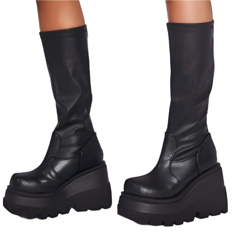 Black Tight Fitting Knee Platform Boots Goth