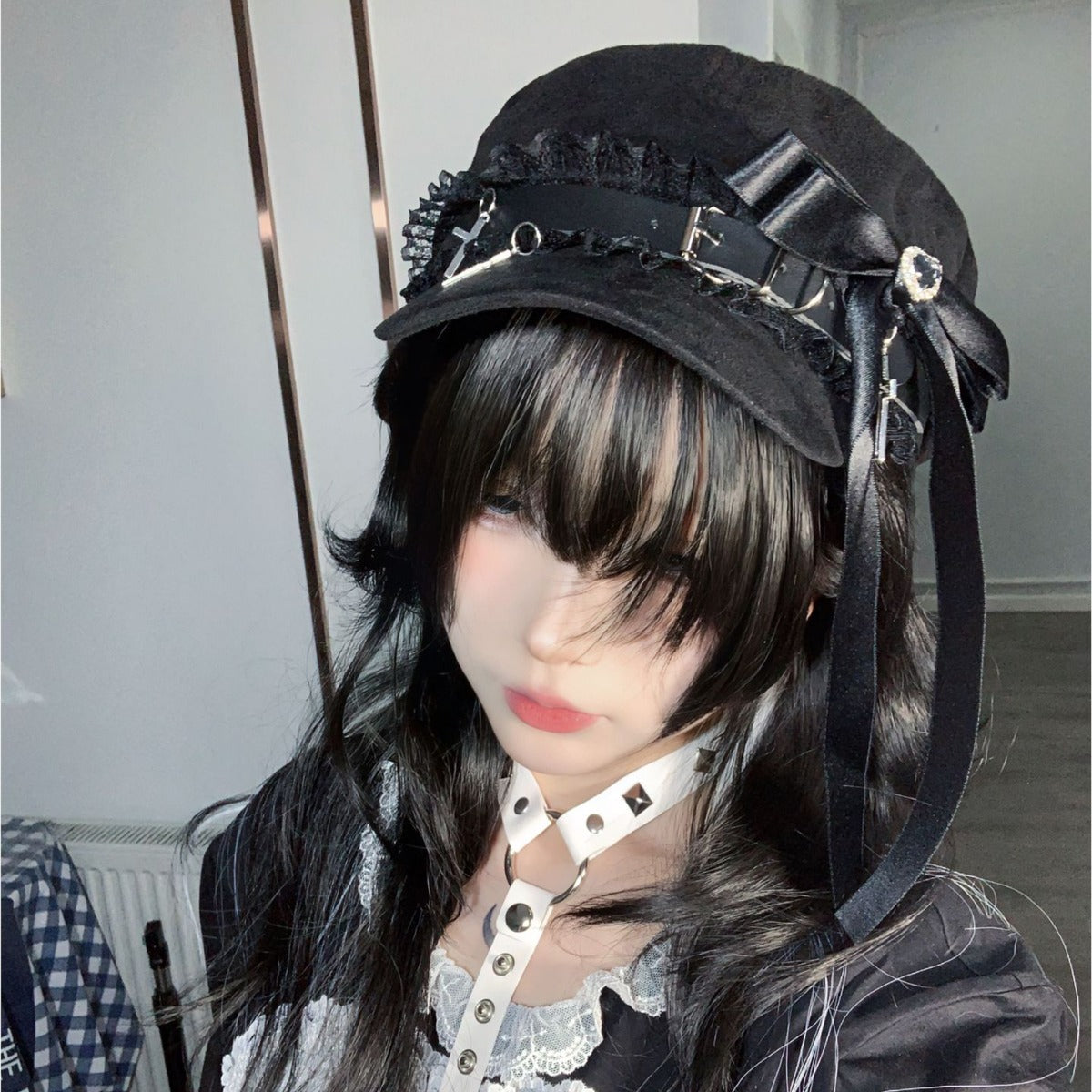 Black Velvet Goth Cap Crosses Lace with Bow