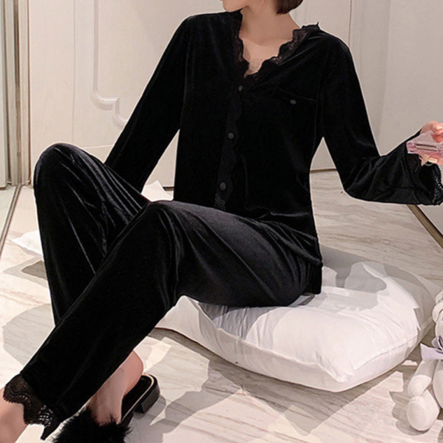 Black Velvet Long Sleeve Pajama Set Gothic