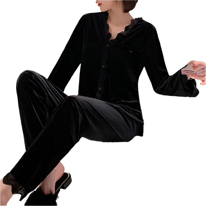 winter womens Black Velvet Long Sleeve Pajama Set Gothic