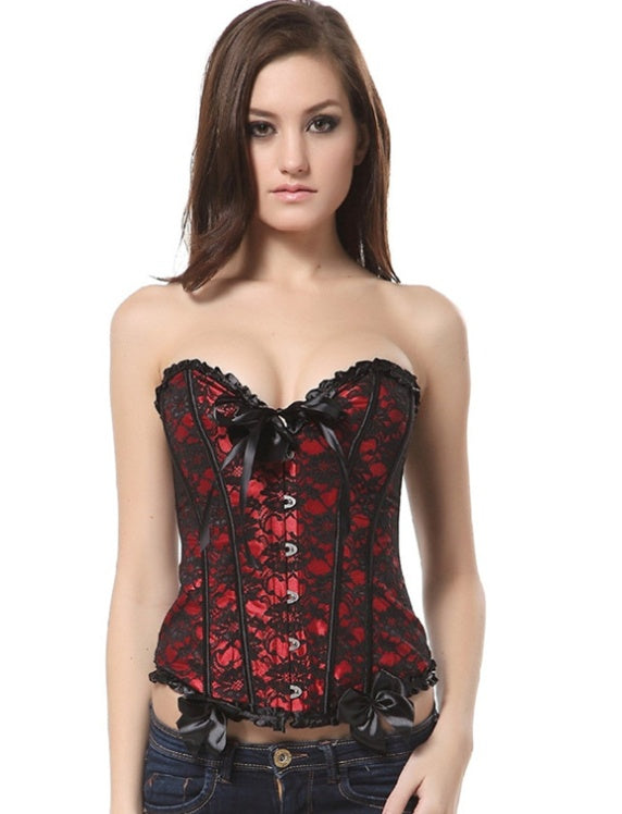 Black red Floral Lace Overbust Corset