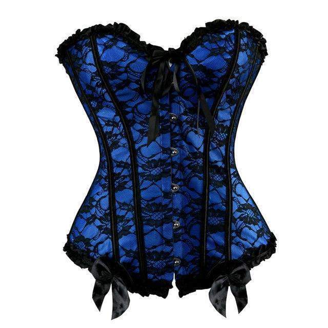 Blue Black Floral Lace Overbust Corset with bows