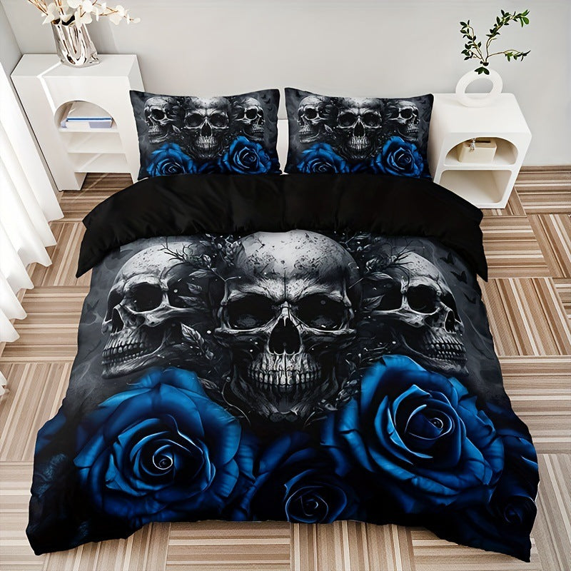 Blue Roses Punk Duvet Cover with Pillowcases skull