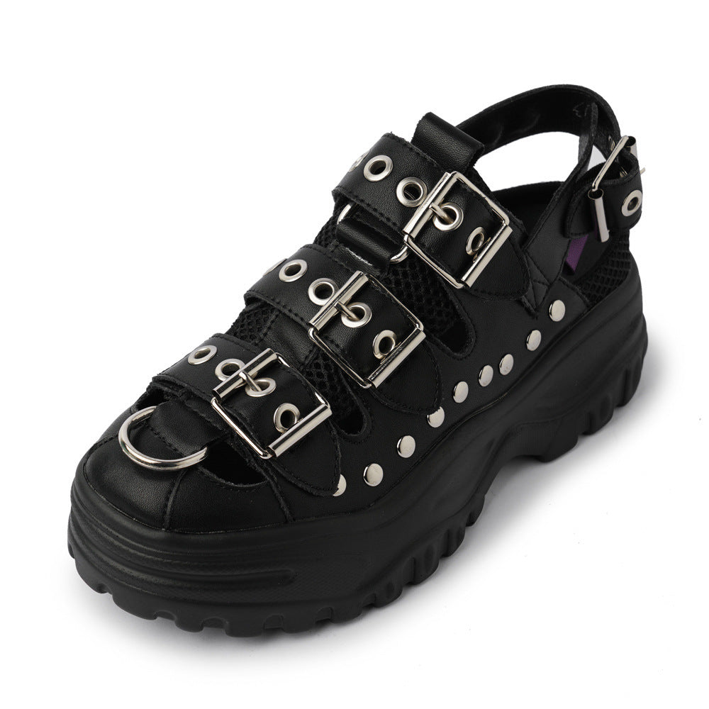 Chunky Gothic Sandals Fishnet Buckles Womens