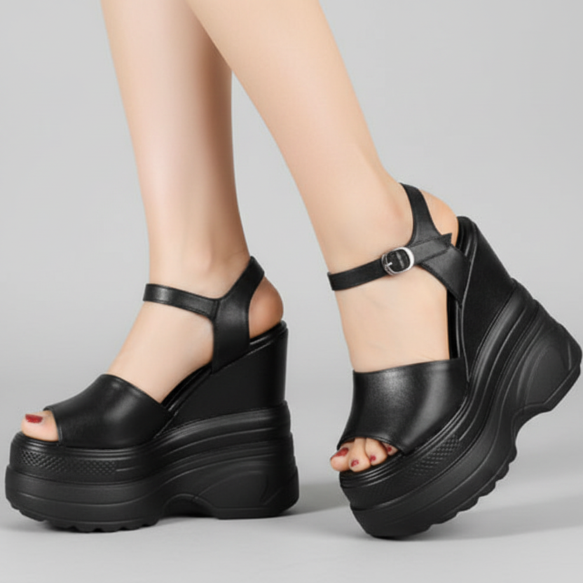 Comfortable Black Wedge Platform Sandals Sporty Casual