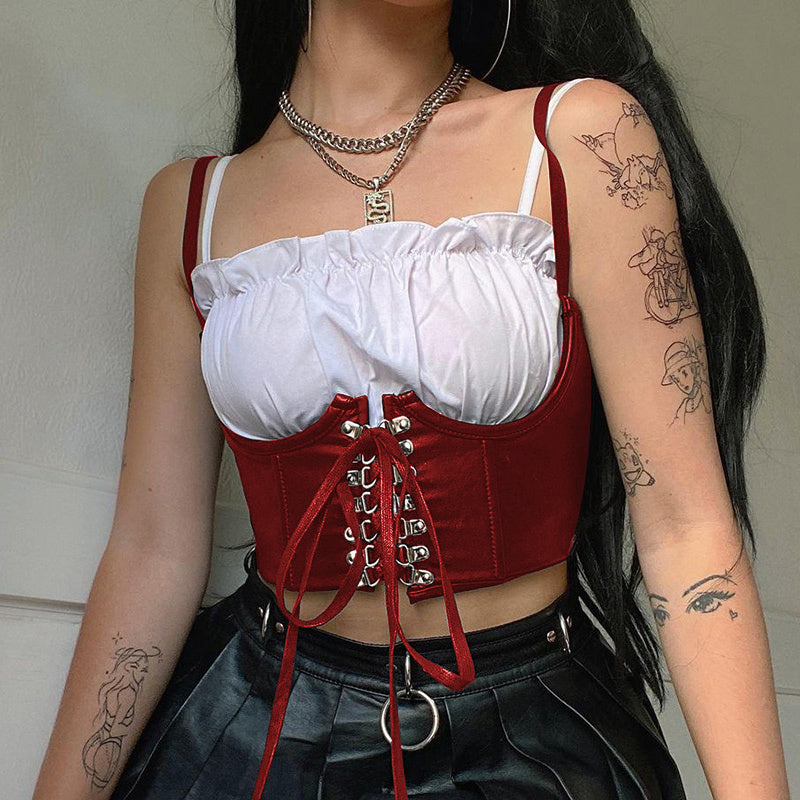 red Corset Vest Belt Gothic Black Vegan Leather
